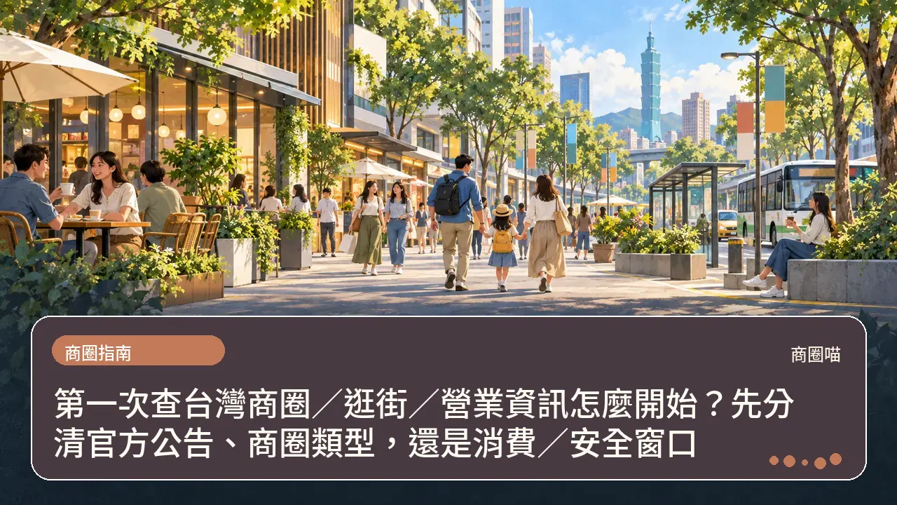 第一次查台灣商圈／逛街／營業資訊怎麼開始？先分清官方公告、商圈類型，還是消費／安全窗口主題插畫