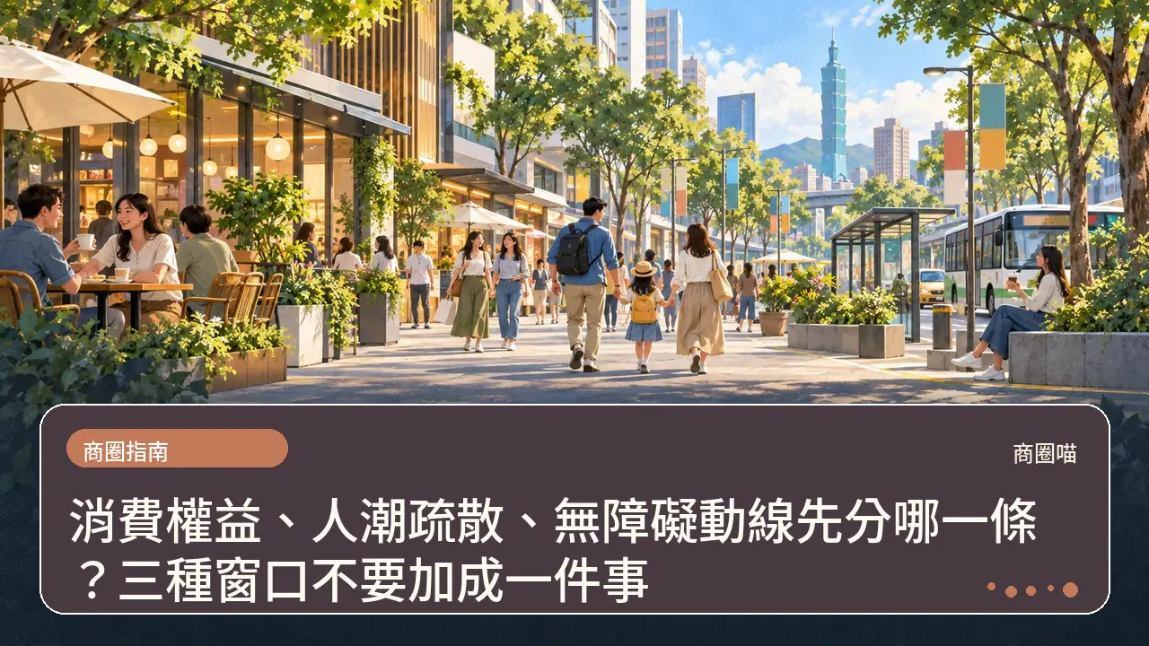 消費權益、人潮疏散、無障礙動線先分哪一條?三種窗口不要加成一件事主題插畫