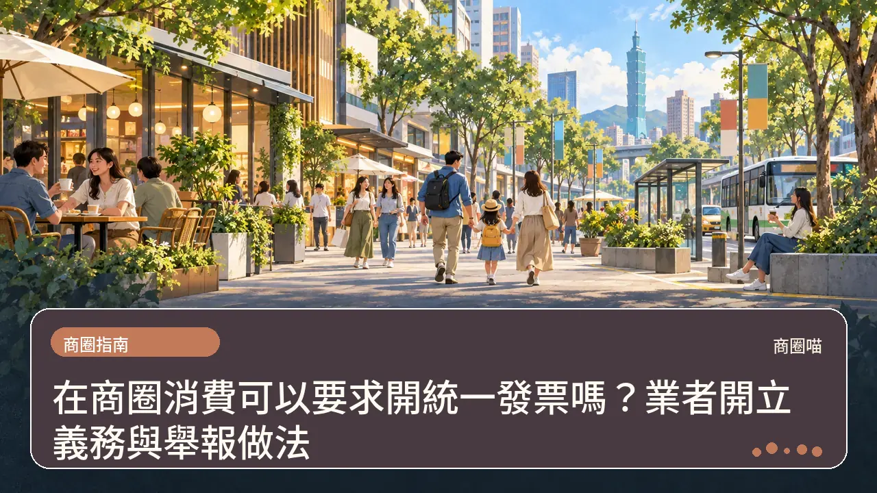 在商圈消費可以要求開統一發票嗎？業者開立義務與舉報做法主題插畫